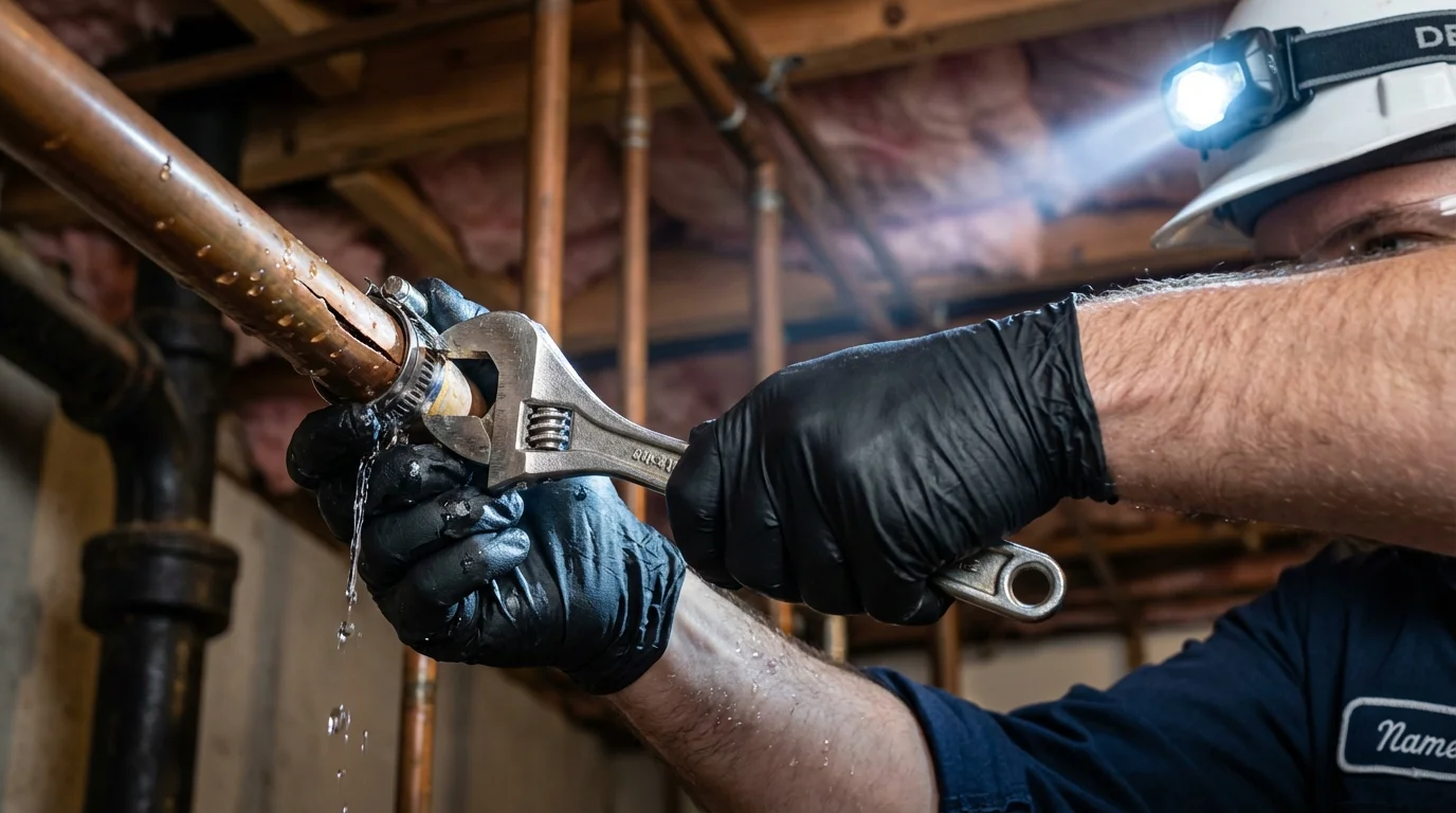 Emergency pipe clamp repair being performed by a Johns Plumbing LLC plumber in Lolo